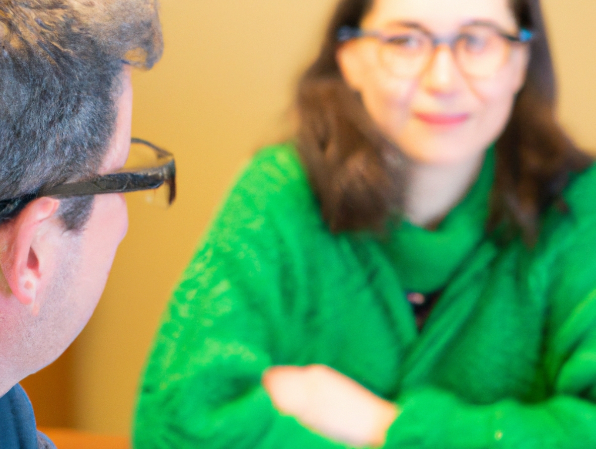 A badly AI generated picture of a man listening to a woman in a green sweater
